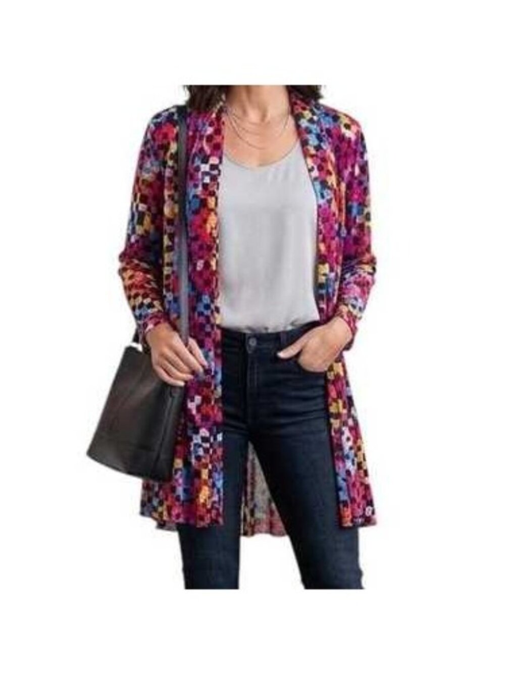 Ali Miles Multicolor Open Front Cardigan Jacket XL 3/4 Sleeve Lightweight Knit